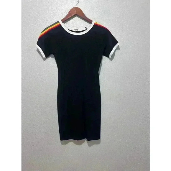 Rainbow sleeve black form fitting small woman’s dress by Heart & Hips - Picture 3 of 7